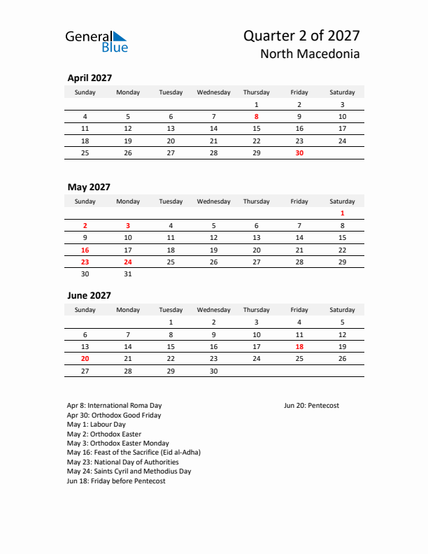 2027 Q2 Three-Month Calendar for North Macedonia