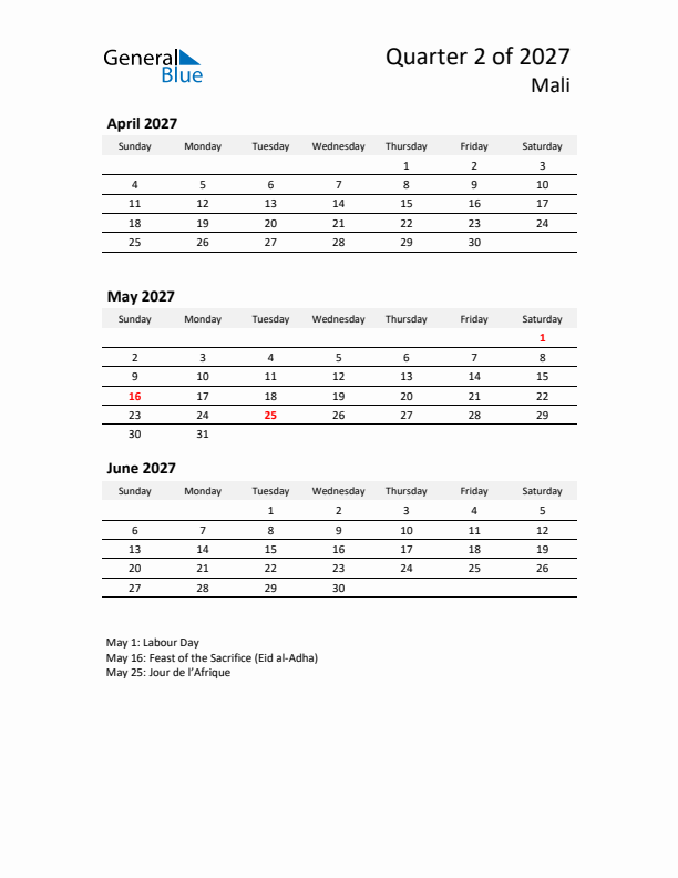 2027 Q2 Three-Month Calendar for Mali
