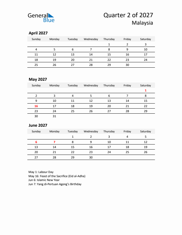 2027 Q2 Three-Month Calendar for Malaysia