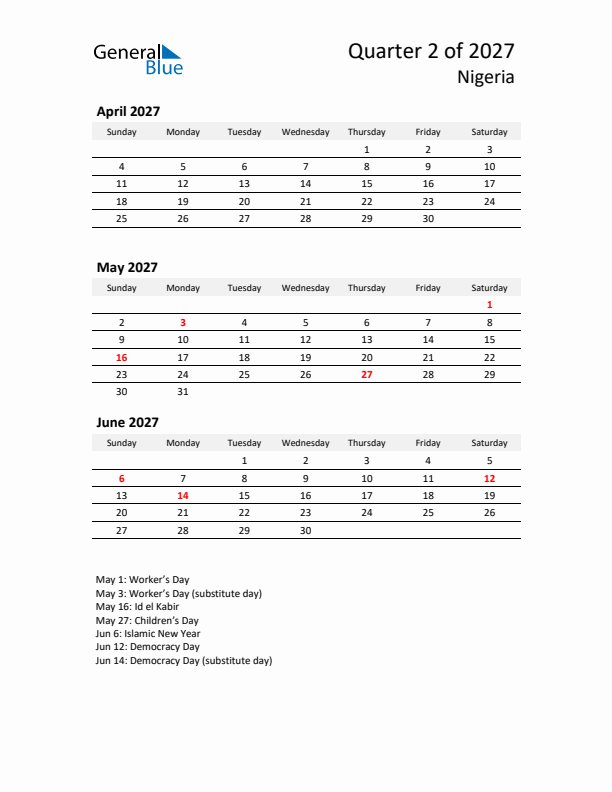 2027 Q2 Three-Month Calendar for Nigeria