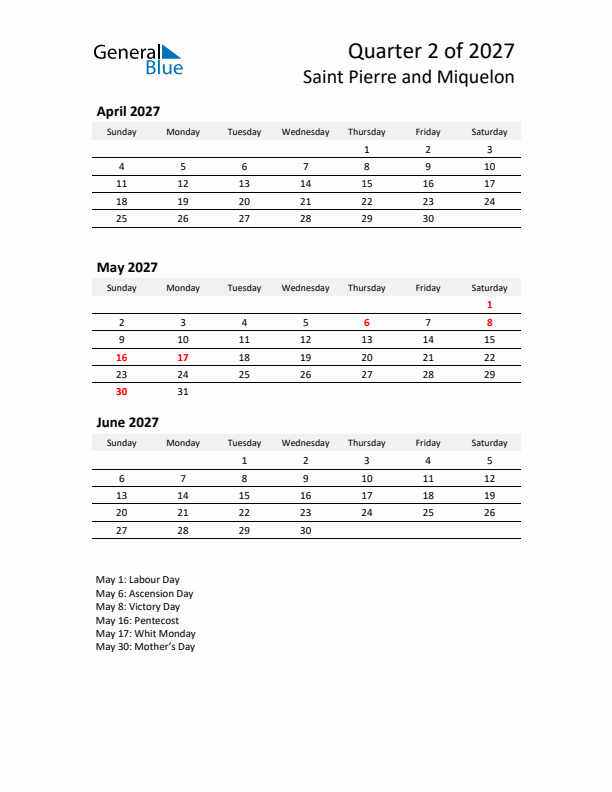 2027 Q2 Three-Month Calendar for Saint Pierre and Miquelon