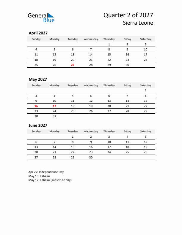 2027 Q2 Three-Month Calendar for Sierra Leone