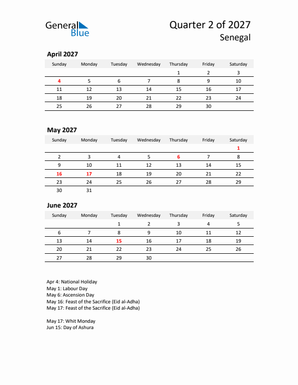 2027 Q2 Three-Month Calendar for Senegal