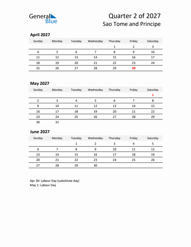 2027 Q2 Three-Month Calendar for Sao Tome and Principe