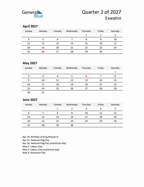 2027 Q2 Three-Month Calendar for Eswatini