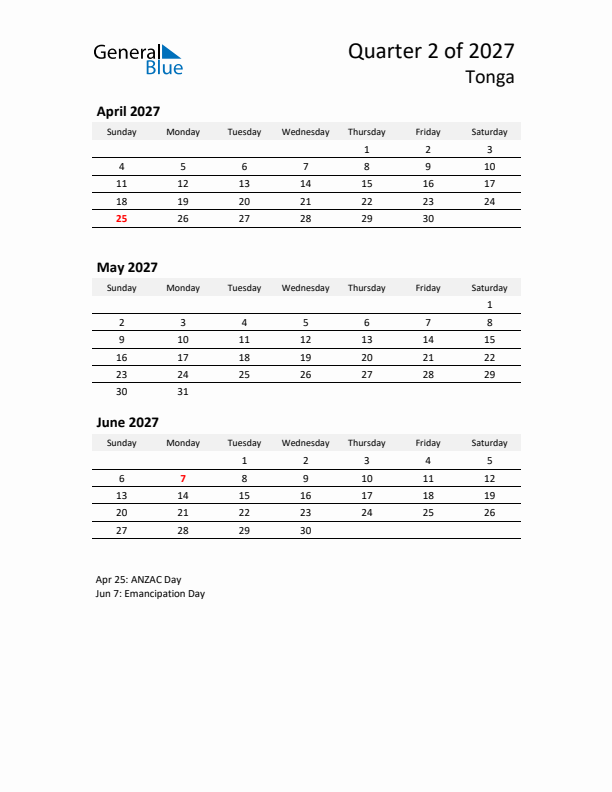 2027 Q2 Three-Month Calendar for Tonga