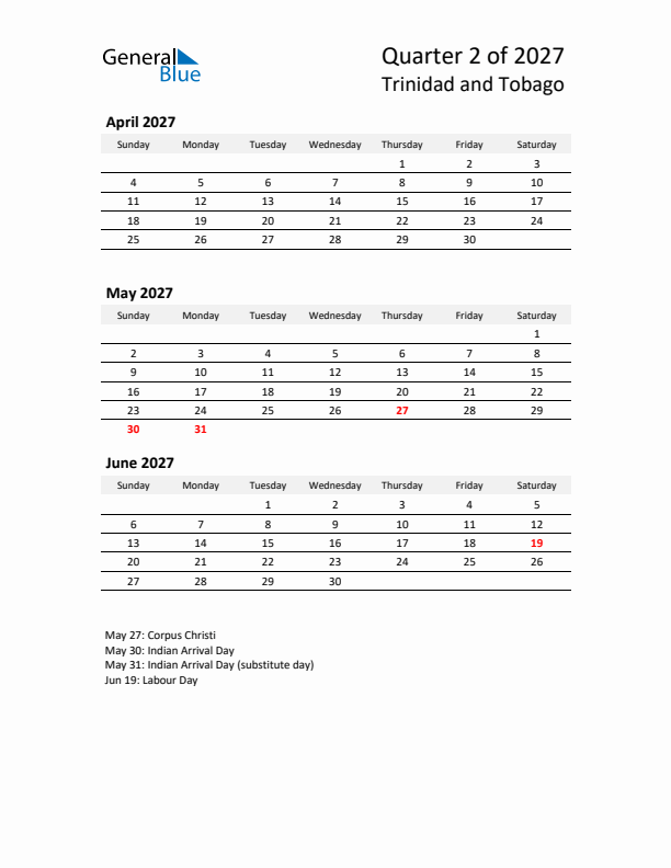 2027 Q2 Three-Month Calendar for Trinidad and Tobago