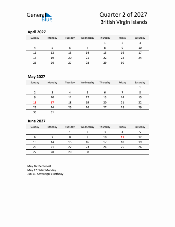 2027 Q2 Three-Month Calendar for British Virgin Islands