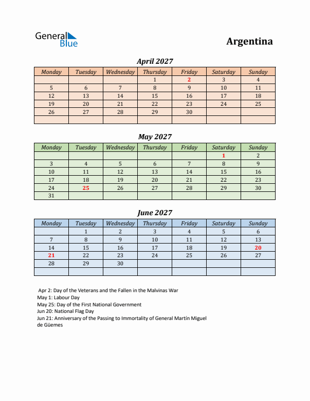 Q2 2027 Holiday Calendar - Argentina