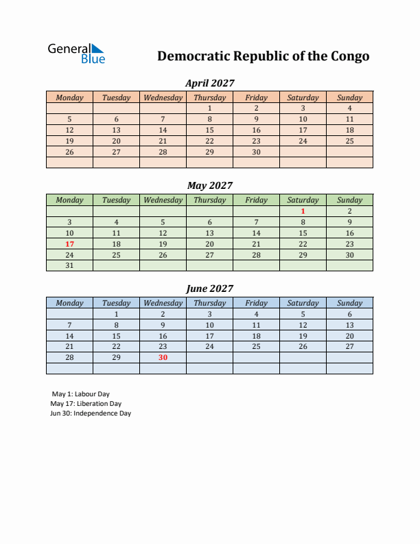 Q2 2027 Holiday Calendar - Democratic Republic of the Congo