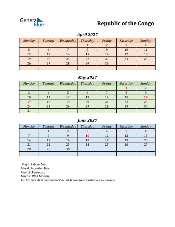Q2 2027 Holiday Calendar - Republic of the Congo