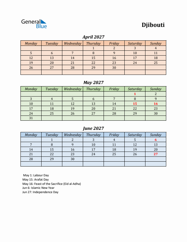 Q2 2027 Holiday Calendar - Djibouti