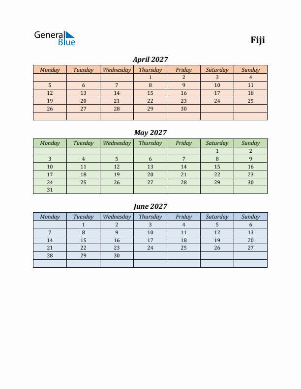 Q2 2027 Holiday Calendar - Fiji