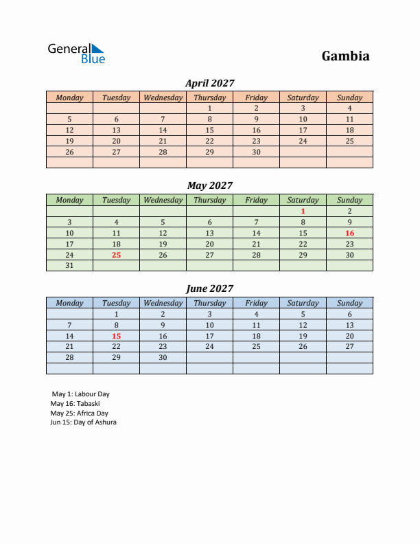 Q2 2027 Holiday Calendar - Gambia