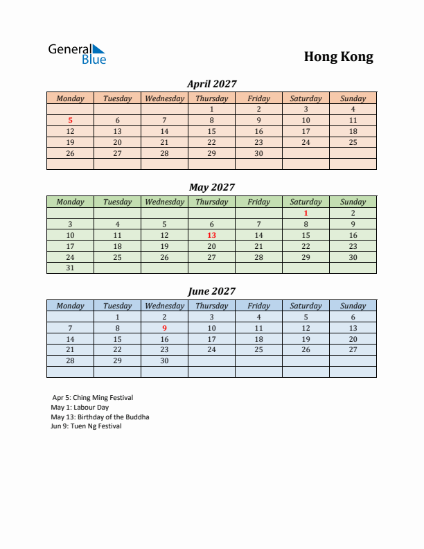 Q2 2027 Holiday Calendar - Hong Kong