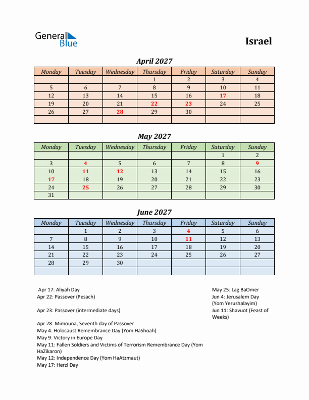Q2 2027 Holiday Calendar - Israel