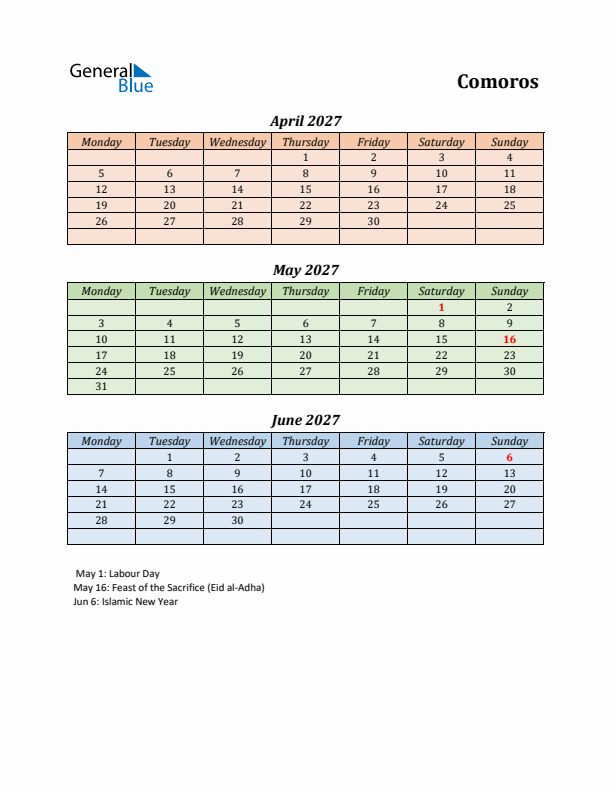 Q2 2027 Holiday Calendar - Comoros