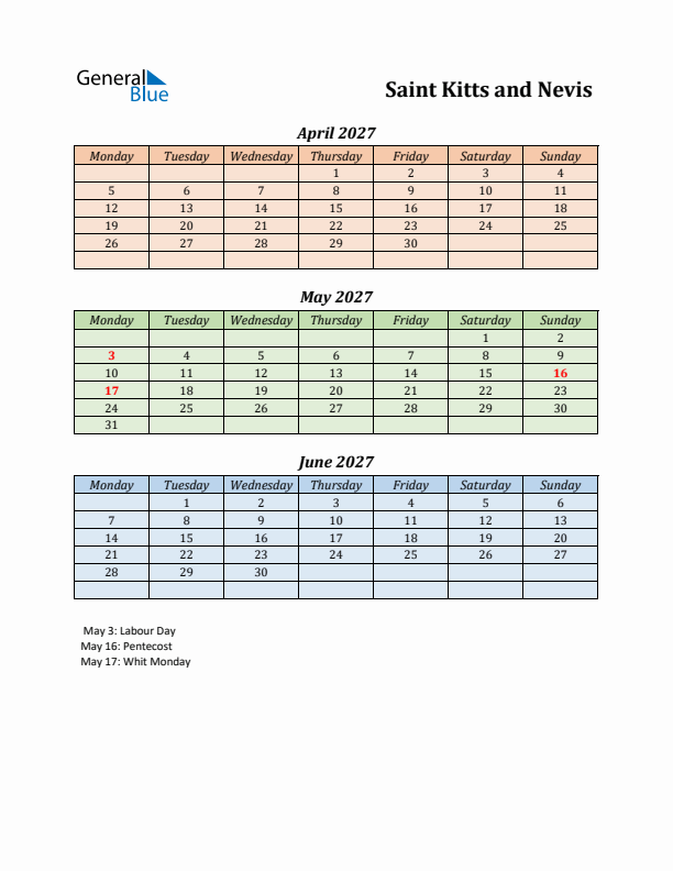Q2 2027 Holiday Calendar - Saint Kitts and Nevis