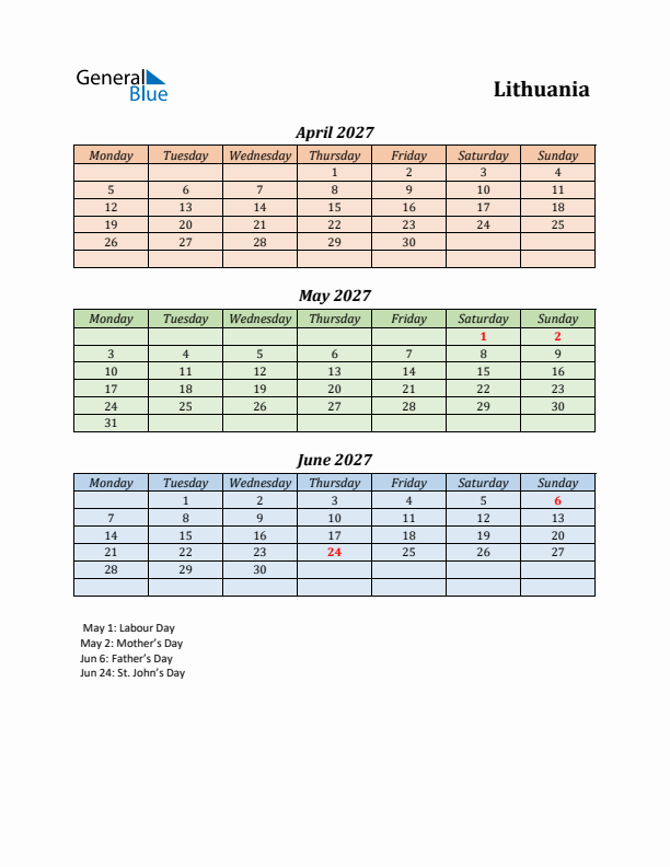 Q2 2027 Holiday Calendar - Lithuania