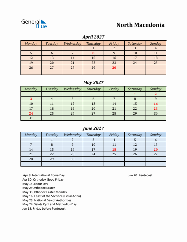 Q2 2027 Holiday Calendar - North Macedonia