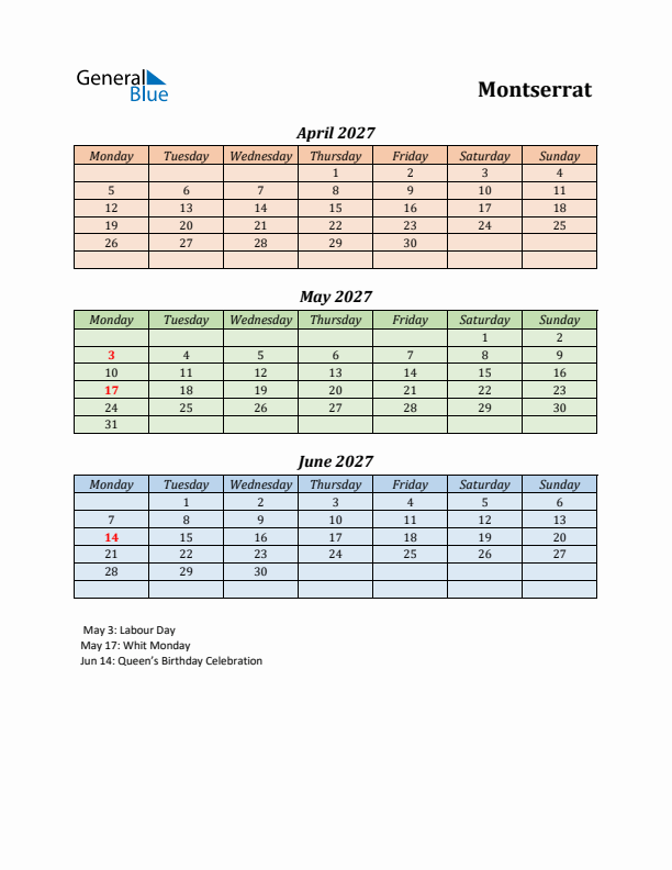 Q2 2027 Holiday Calendar - Montserrat