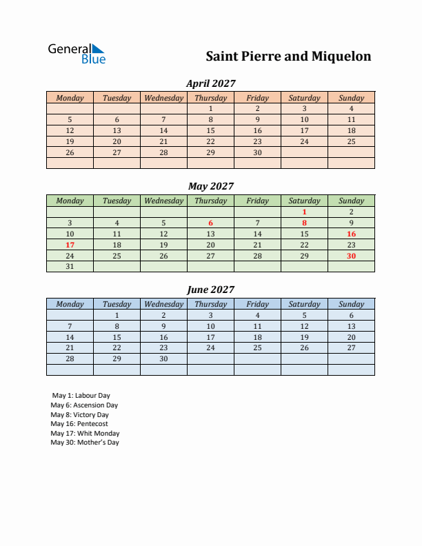 Q2 2027 Holiday Calendar - Saint Pierre and Miquelon
