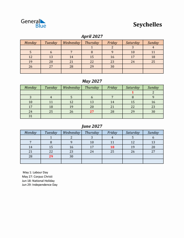 Q2 2027 Holiday Calendar - Seychelles