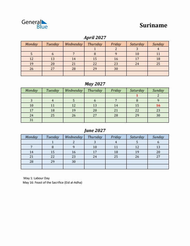 Q2 2027 Holiday Calendar - Suriname
