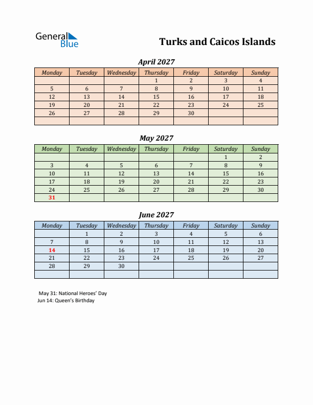 Q2 2027 Holiday Calendar - Turks and Caicos Islands
