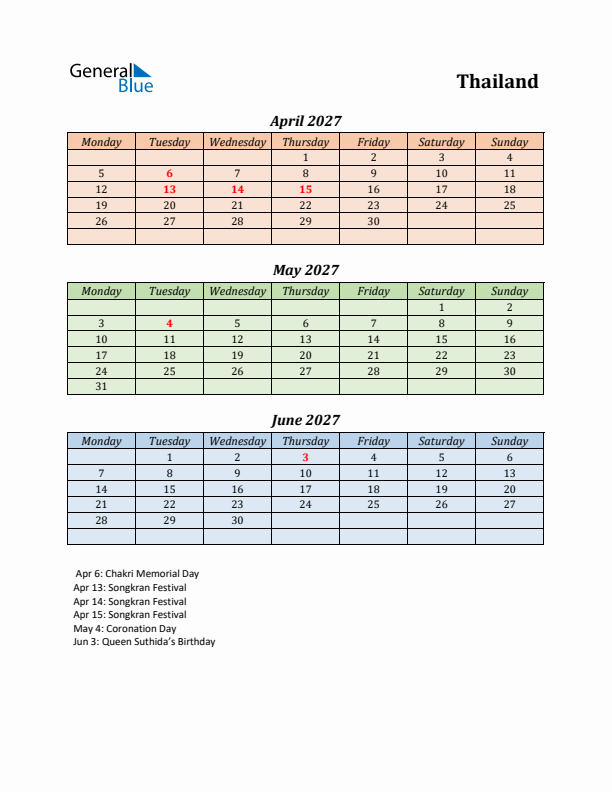 Q2 2027 Holiday Calendar - Thailand