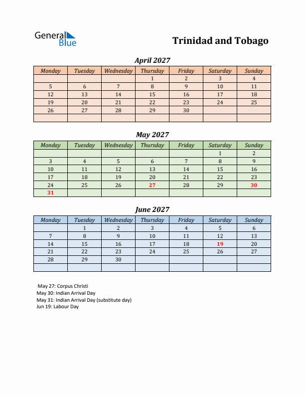 Q2 2027 Holiday Calendar - Trinidad and Tobago