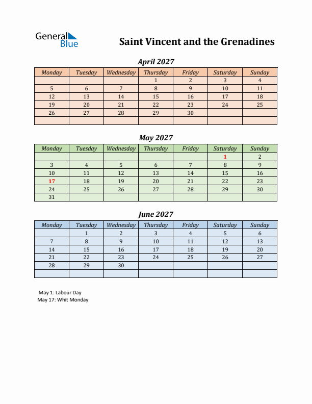 Q2 2027 Holiday Calendar - Saint Vincent and the Grenadines