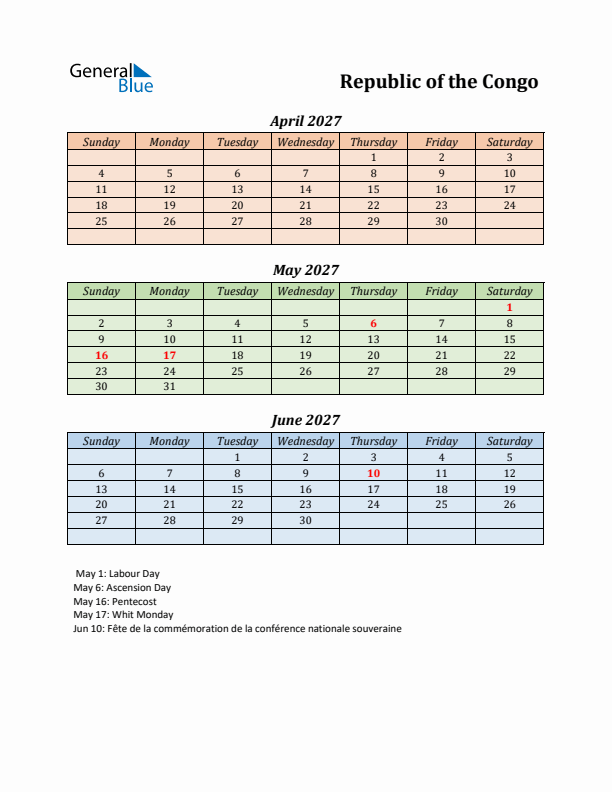 Q2 2027 Holiday Calendar - Republic of the Congo