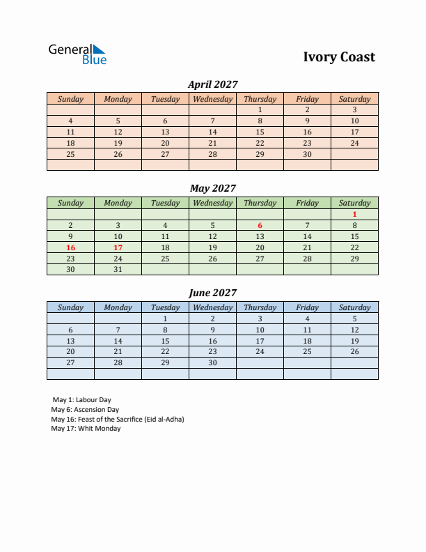 Q2 2027 Holiday Calendar - Ivory Coast