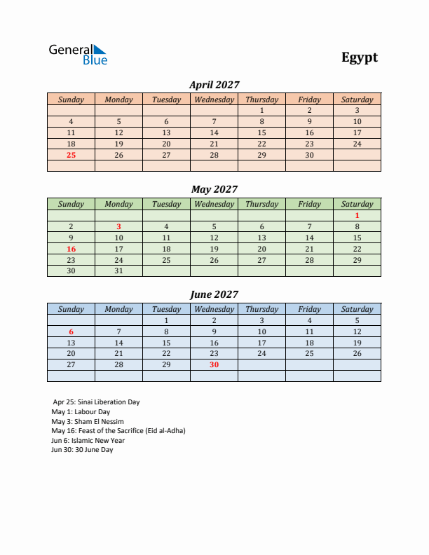Q2 2027 Holiday Calendar - Egypt
