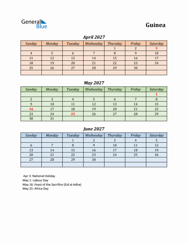 Q2 2027 Holiday Calendar - Guinea
