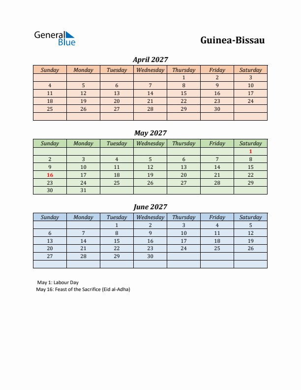 Q2 2027 Holiday Calendar - Guinea-Bissau