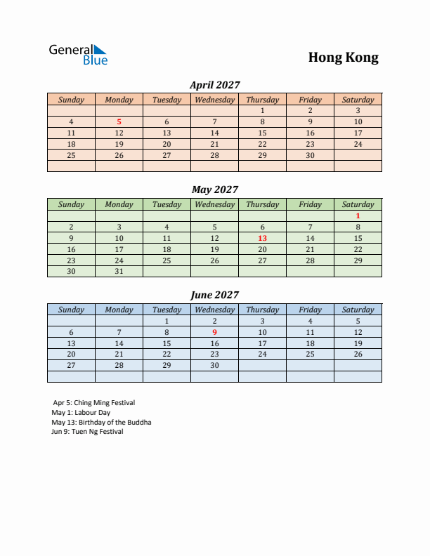 Q2 2027 Holiday Calendar - Hong Kong