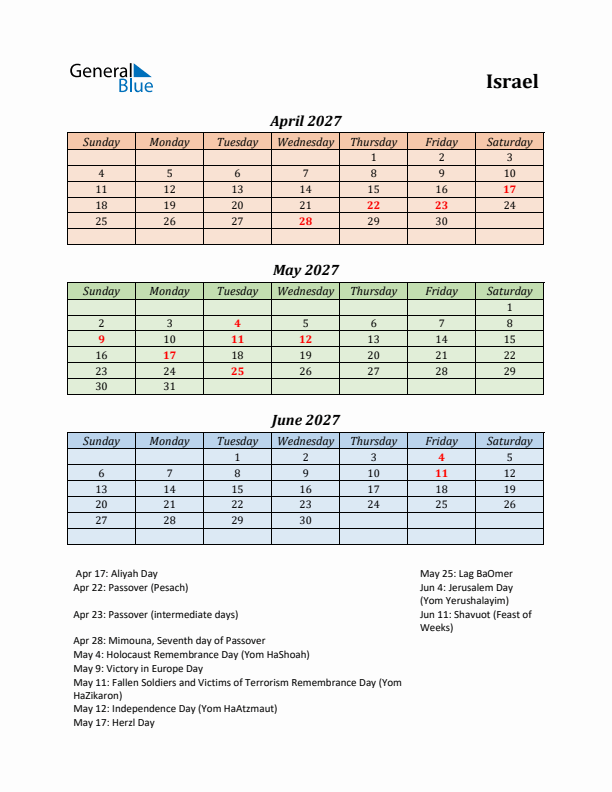 Q2 2027 Holiday Calendar - Israel