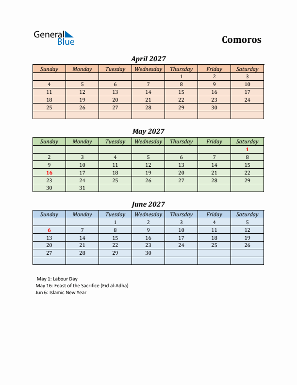 Q2 2027 Holiday Calendar - Comoros