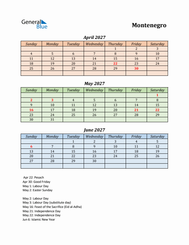 Q2 2027 Holiday Calendar - Montenegro