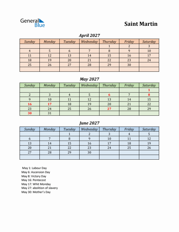 Q2 2027 Holiday Calendar - Saint Martin