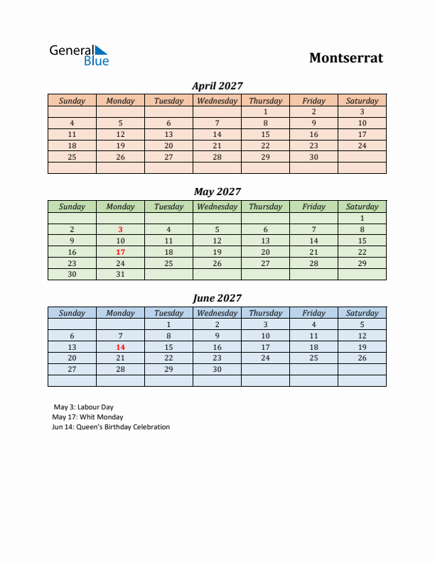Q2 2027 Holiday Calendar - Montserrat