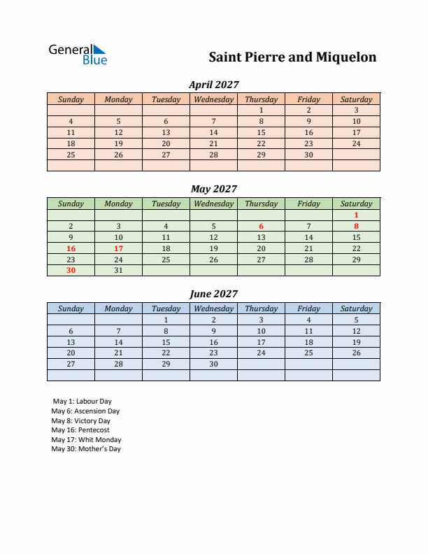 Q2 2027 Holiday Calendar - Saint Pierre and Miquelon