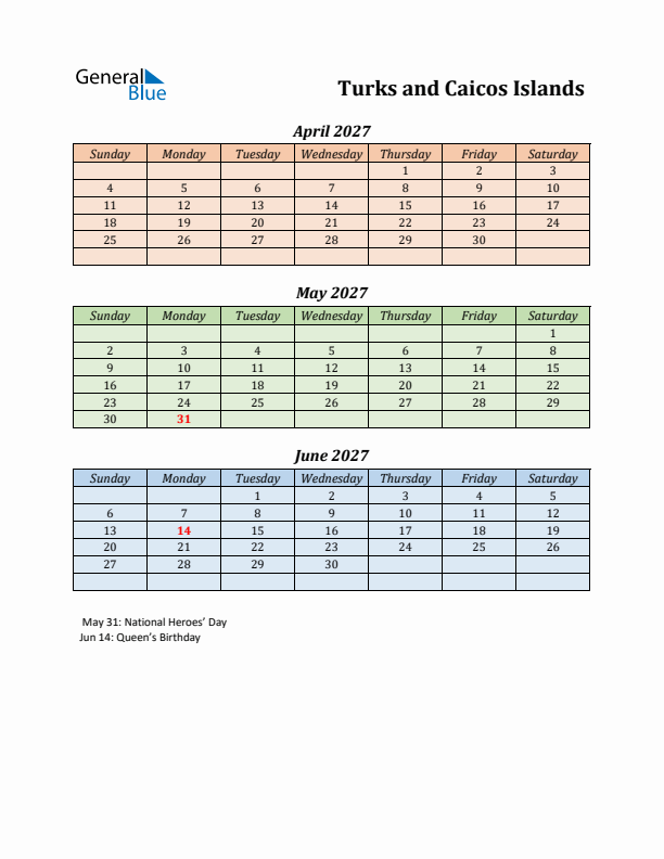 Q2 2027 Holiday Calendar - Turks and Caicos Islands