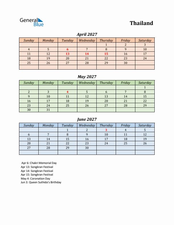 Q2 2027 Holiday Calendar - Thailand