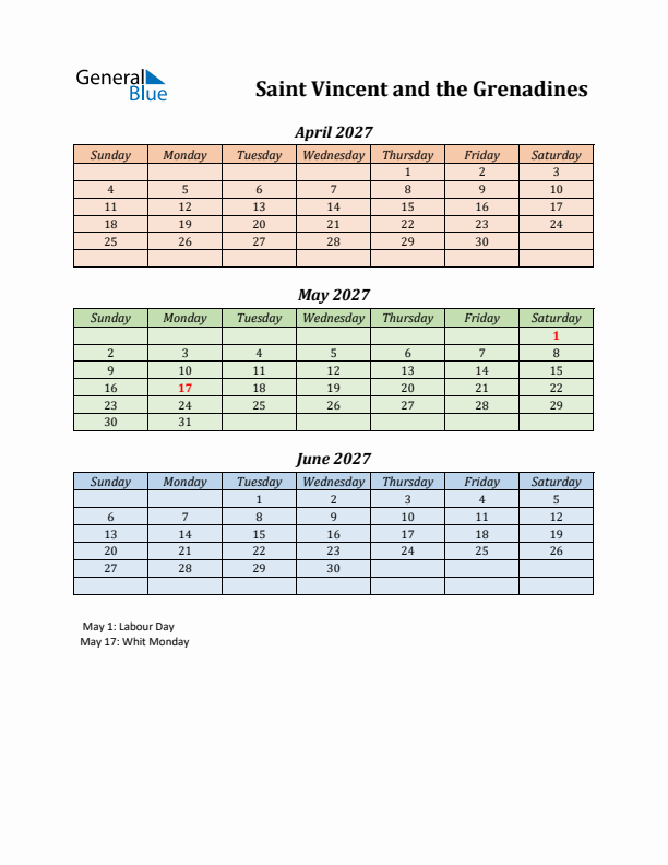 Q2 2027 Holiday Calendar - Saint Vincent and the Grenadines