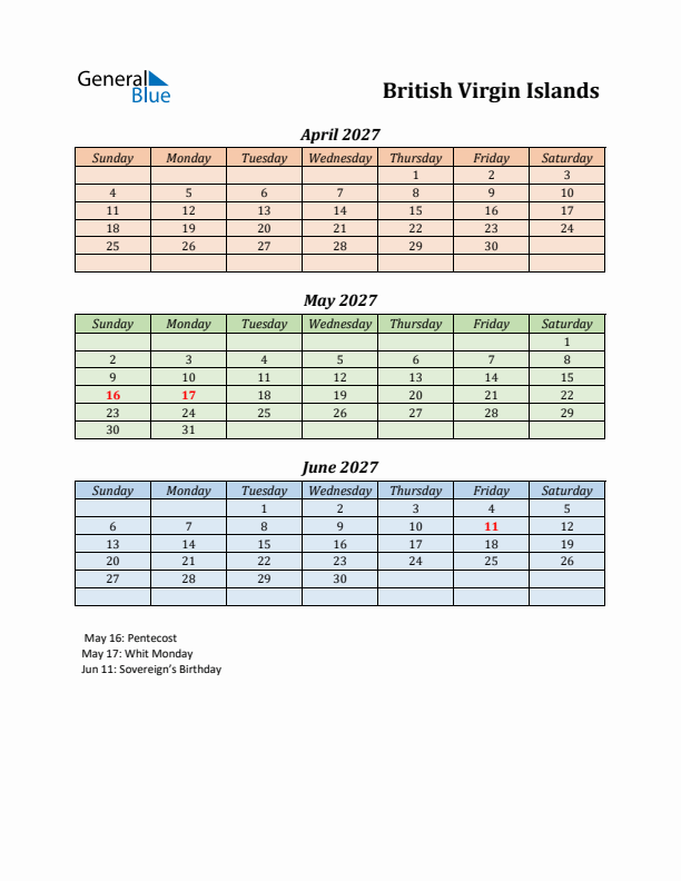 Q2 2027 Holiday Calendar - British Virgin Islands