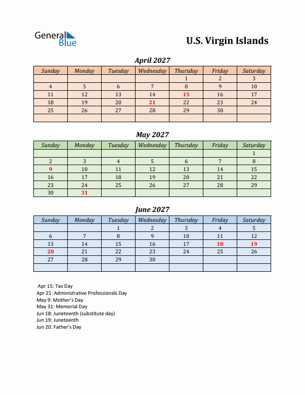 Q2 2027 Holiday Calendar - U.S. Virgin Islands