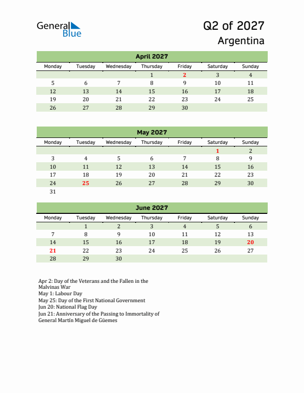 Quarterly Calendar 2027 with Argentina Holidays